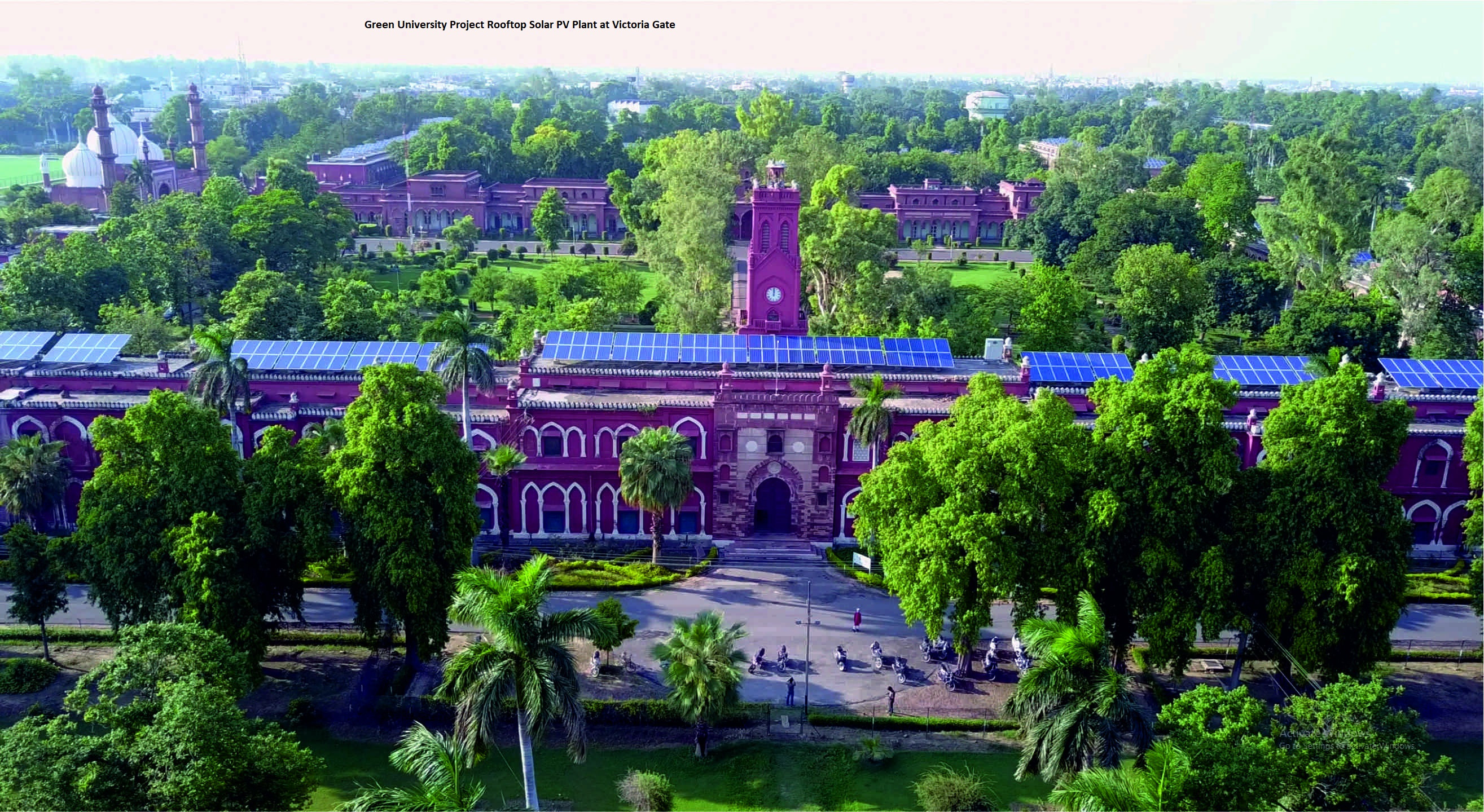 Aerial view of the rooftop solar plant above the iconic Victoria Gate on the AMU campus