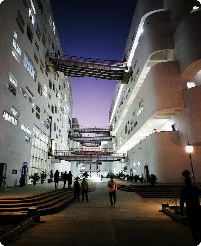 The POD academic building and its sky-bridges at the Simrol campus at dusk