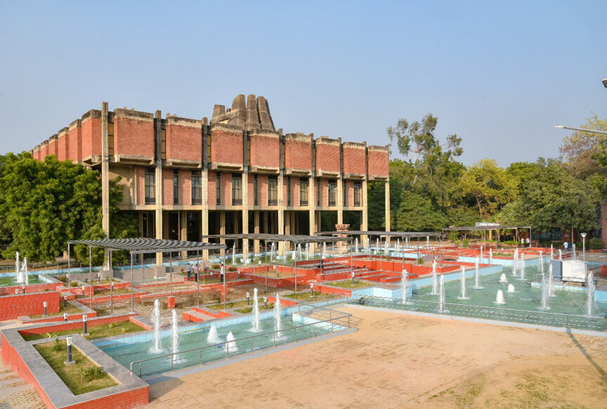 The P. K. Kelkar Library building and fountain plaza at IIT Kanpur