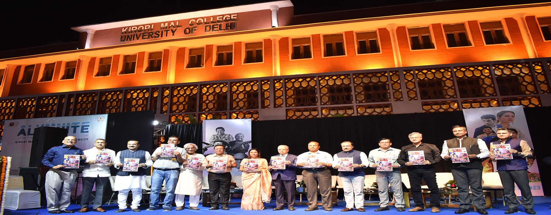 The Kirori Mal College main block on North Campus lit up for an evening function
