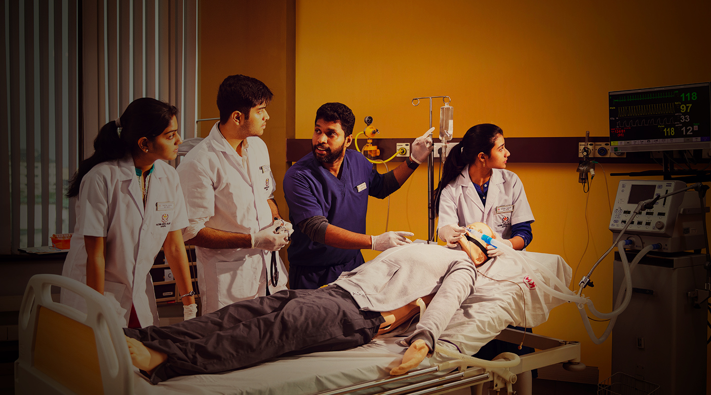 Students at a clinical simulation station in a Kasturba Medical College, Manipal skills lab