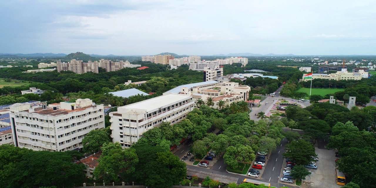 Aerial view of the VIT Vellore campus with the national flag mast and academic blocks