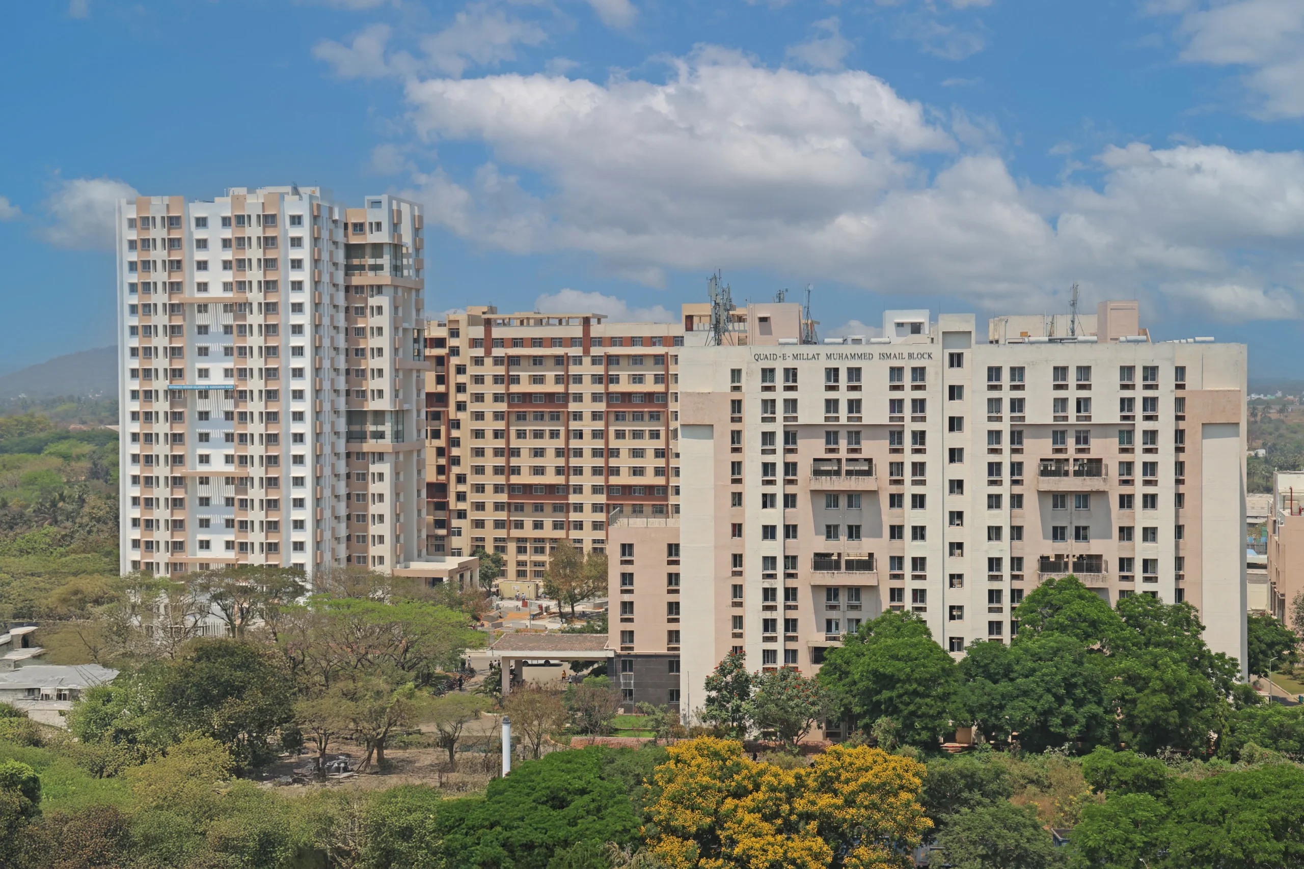 The VIT Vellore hostel skyline, including the Quaid-e-Millath Muhammed Ismail Block